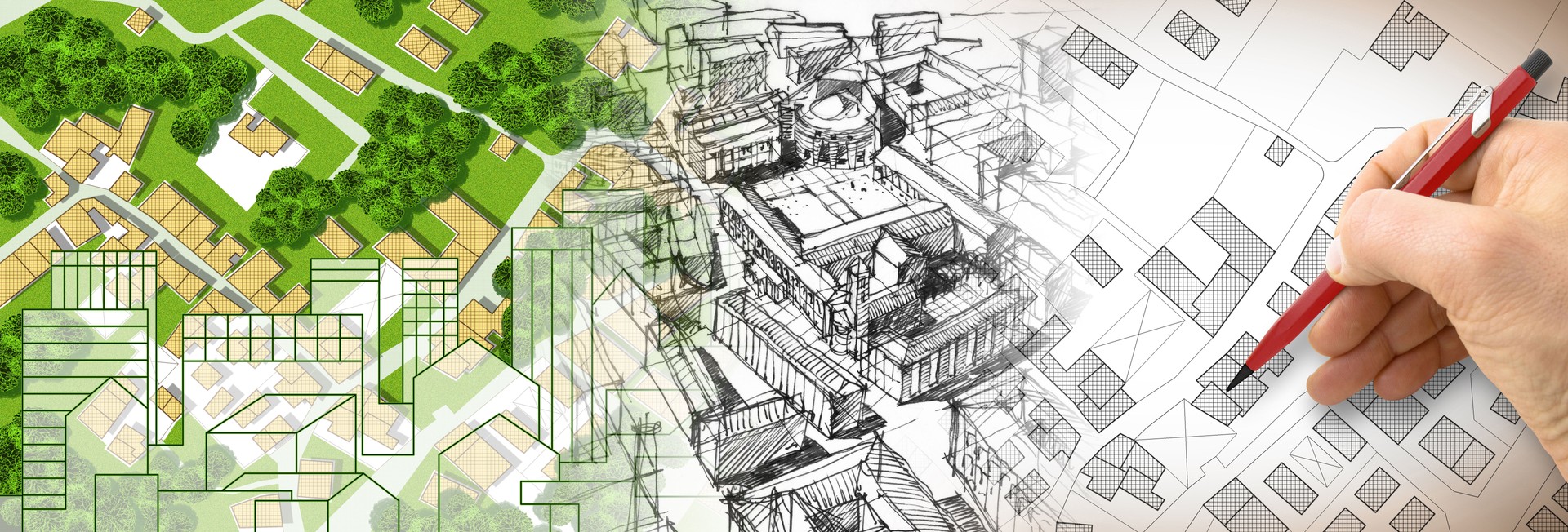 Planning a new city - Engineer-architect drawing with a pencil a sketch of a new modern imaginary town - concept image